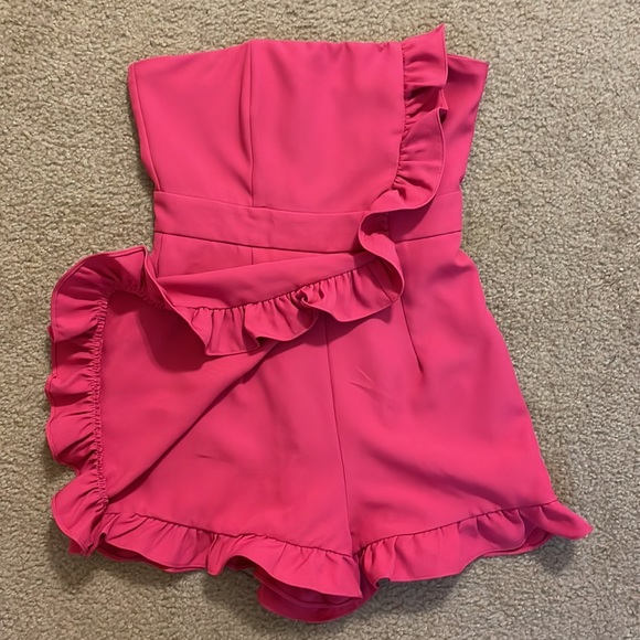 Lavish Pink Ruffle Strapless Romper - Picture 2 of 6